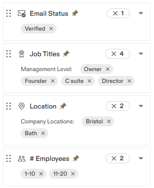 Email prospect filtering options