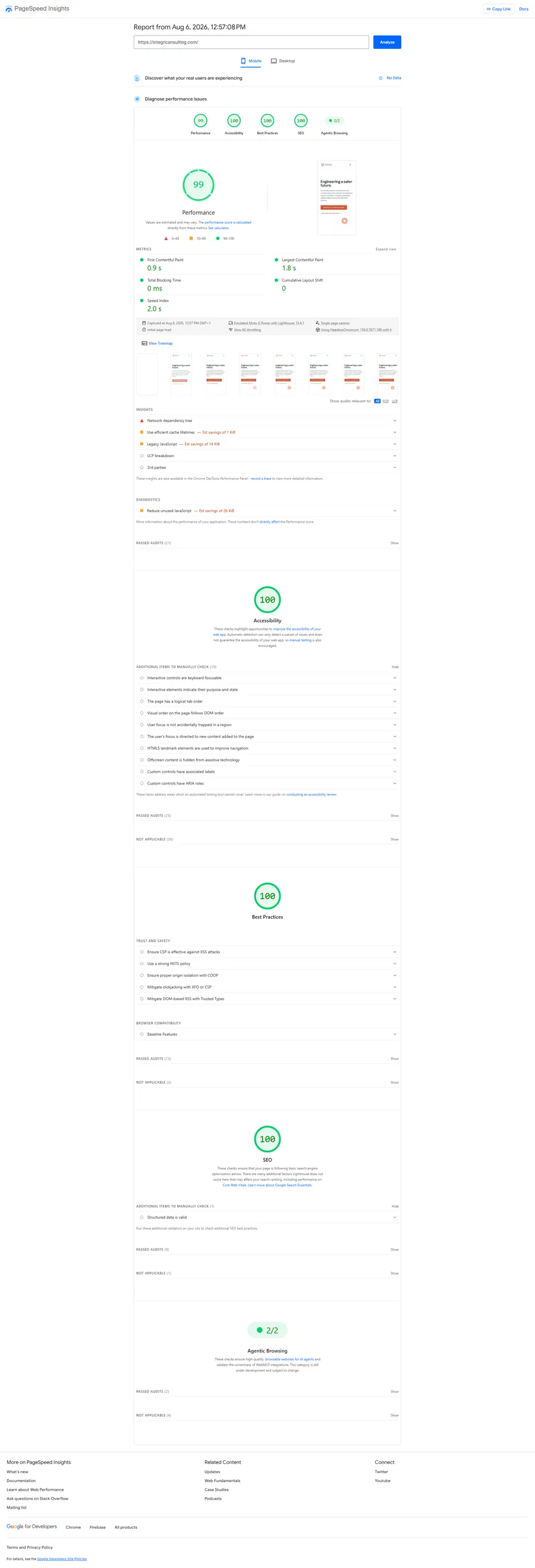 PageSpeed Insights report for the rebuilt Integri site, showing a performance score of 99