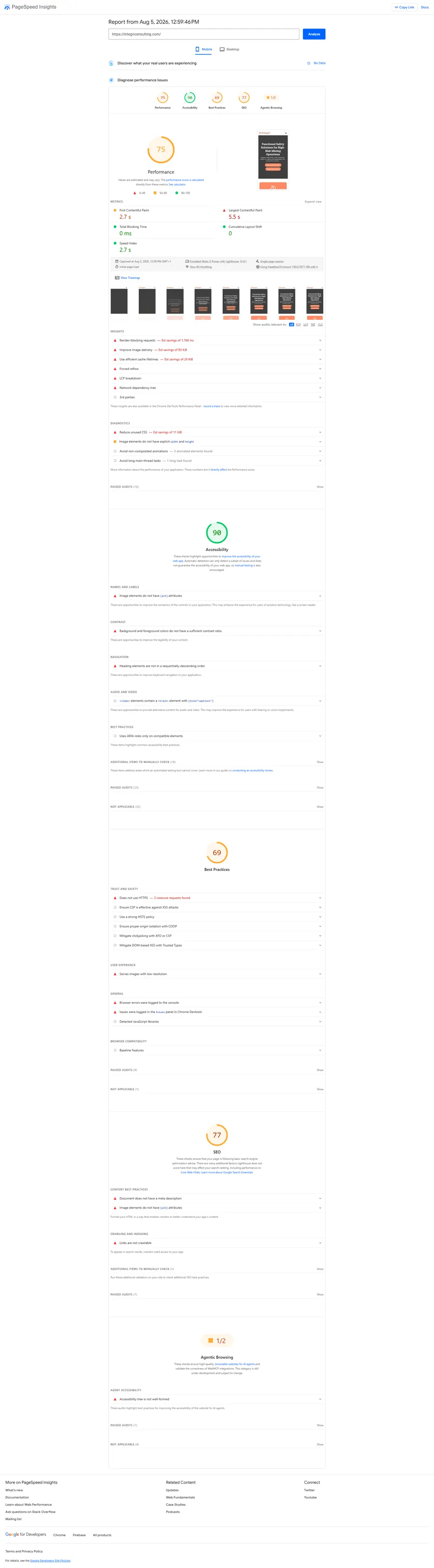 PageSpeed Insights report for the old Integri site, showing a performance score of 75